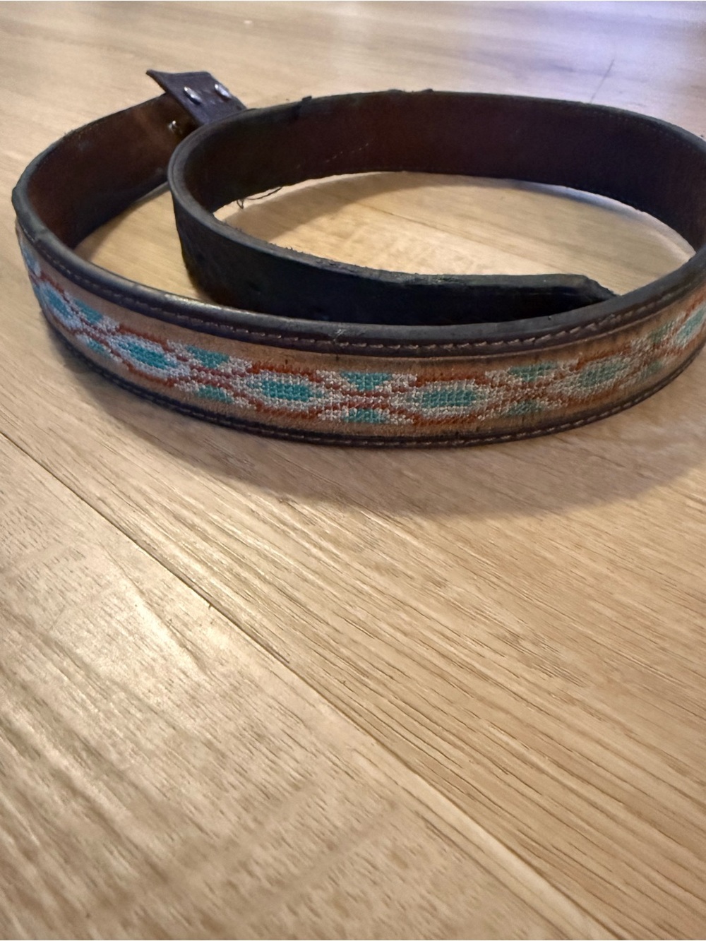 Brown Leather Belt with Turquoise Beaded cloth inlay